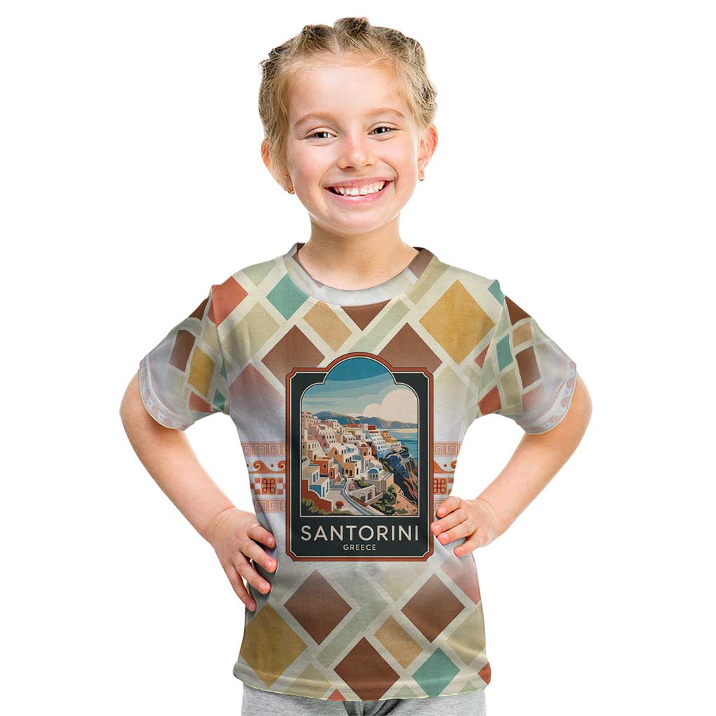 Santorini Greece Kid T Shirt Sunset Village Print and Mediterranean Geometric Pattern