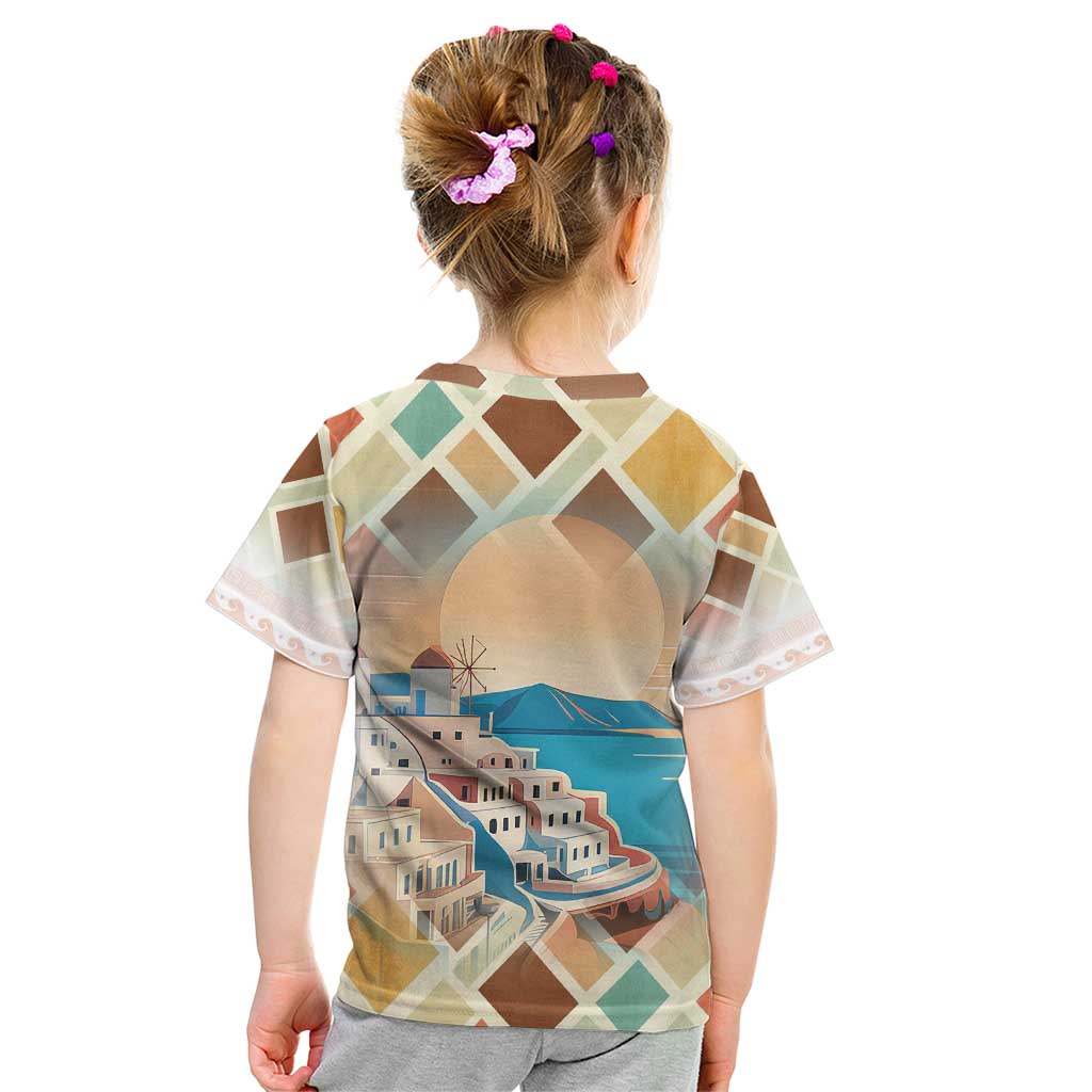 Santorini Greece Kid T Shirt Sunset Village Print and Mediterranean Geometric Pattern