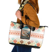 Santorini Greece Leather Tote Bag Sunset Village Print and Mediterranean Geometric Pattern