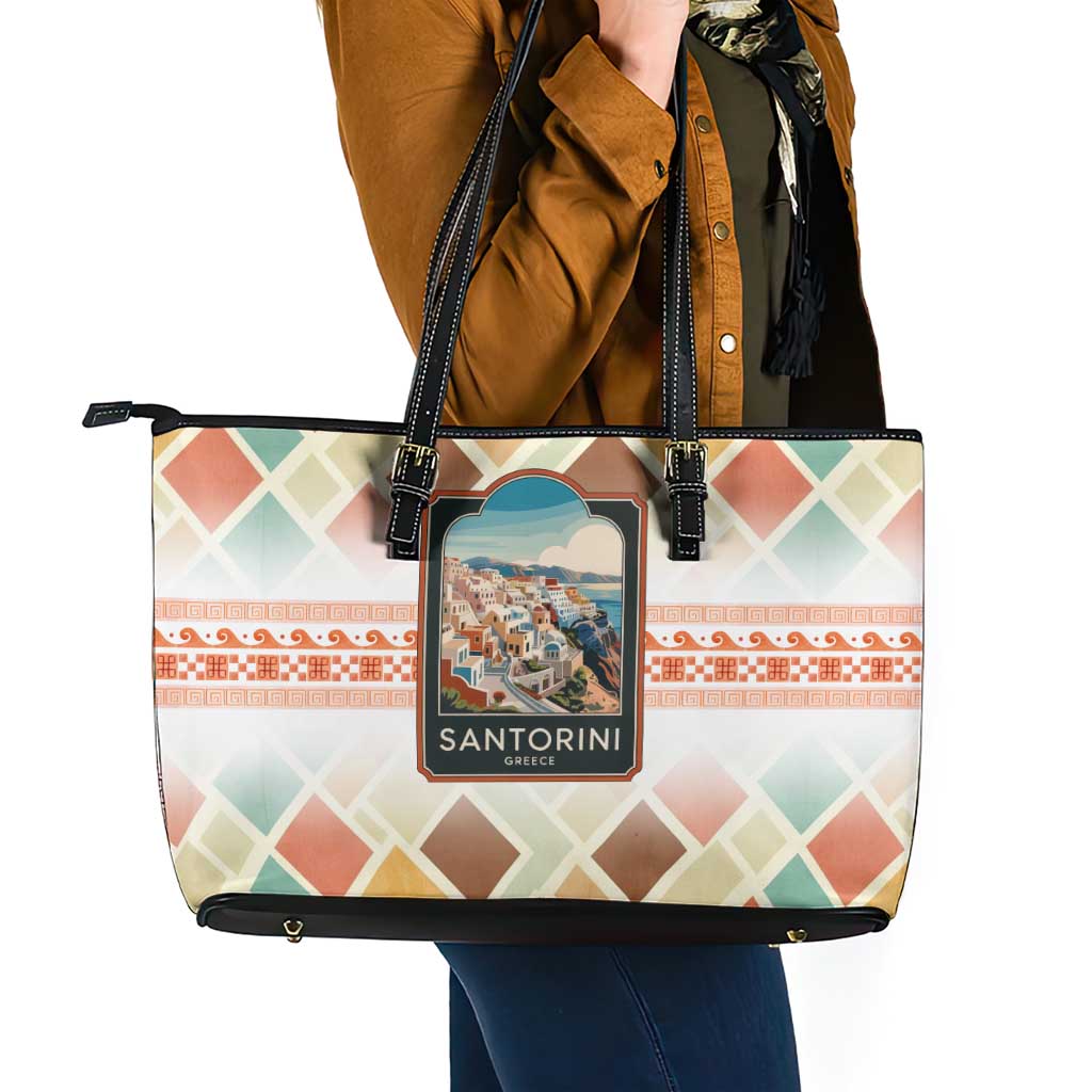 Santorini Greece Leather Tote Bag Sunset Village Print and Mediterranean Geometric Pattern