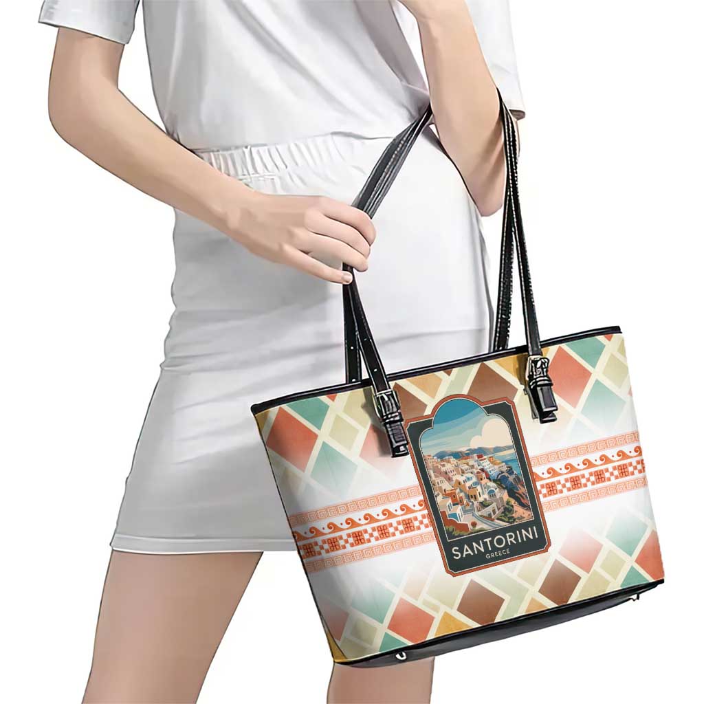Santorini Greece Leather Tote Bag Sunset Village Print and Mediterranean Geometric Pattern