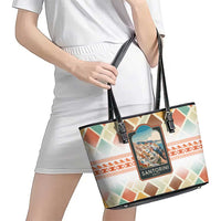 Santorini Greece Leather Tote Bag Sunset Village Print and Mediterranean Geometric Pattern