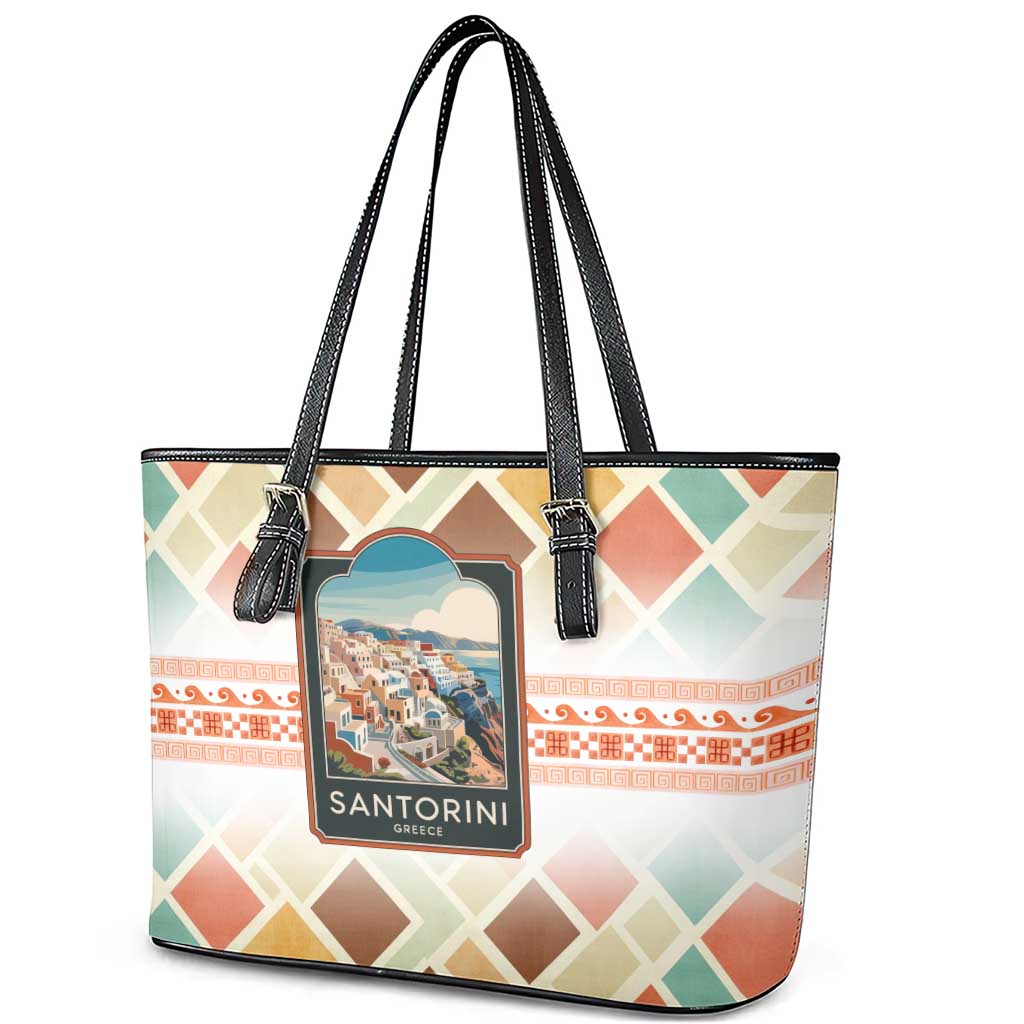 Santorini Greece Leather Tote Bag Sunset Village Print and Mediterranean Geometric Pattern
