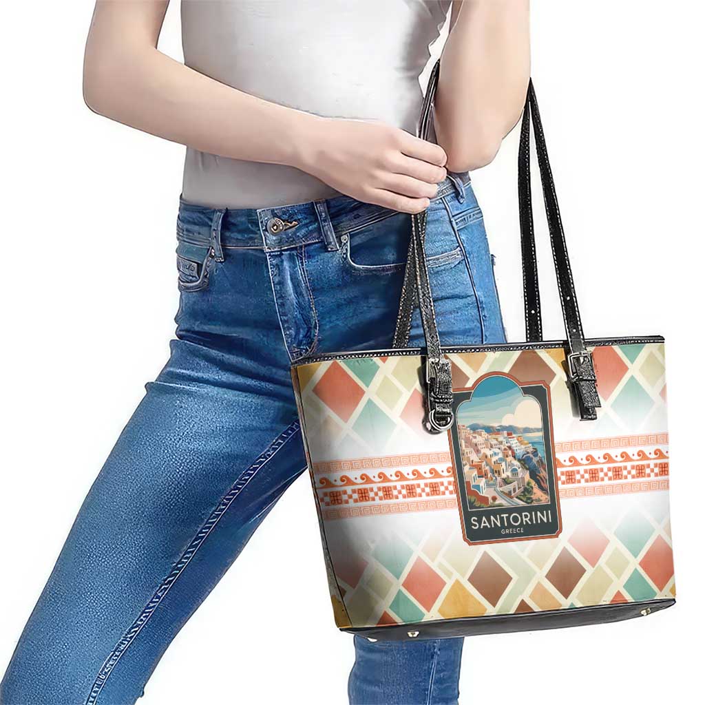Santorini Greece Leather Tote Bag Sunset Village Print and Mediterranean Geometric Pattern