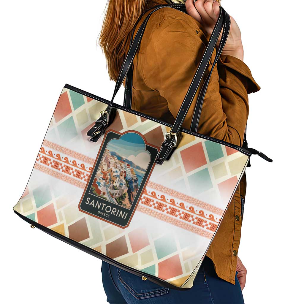 Santorini Greece Leather Tote Bag Sunset Village Print and Mediterranean Geometric Pattern