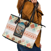 Santorini Greece Leather Tote Bag Sunset Village Print and Mediterranean Geometric Pattern