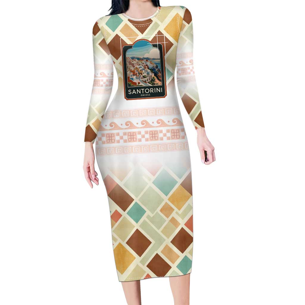 Santorini Greece Long Sleeve Bodycon Dress Sunset Village Print and Mediterranean Geometric Pattern