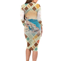 Santorini Greece Long Sleeve Bodycon Dress Sunset Village Print and Mediterranean Geometric Pattern