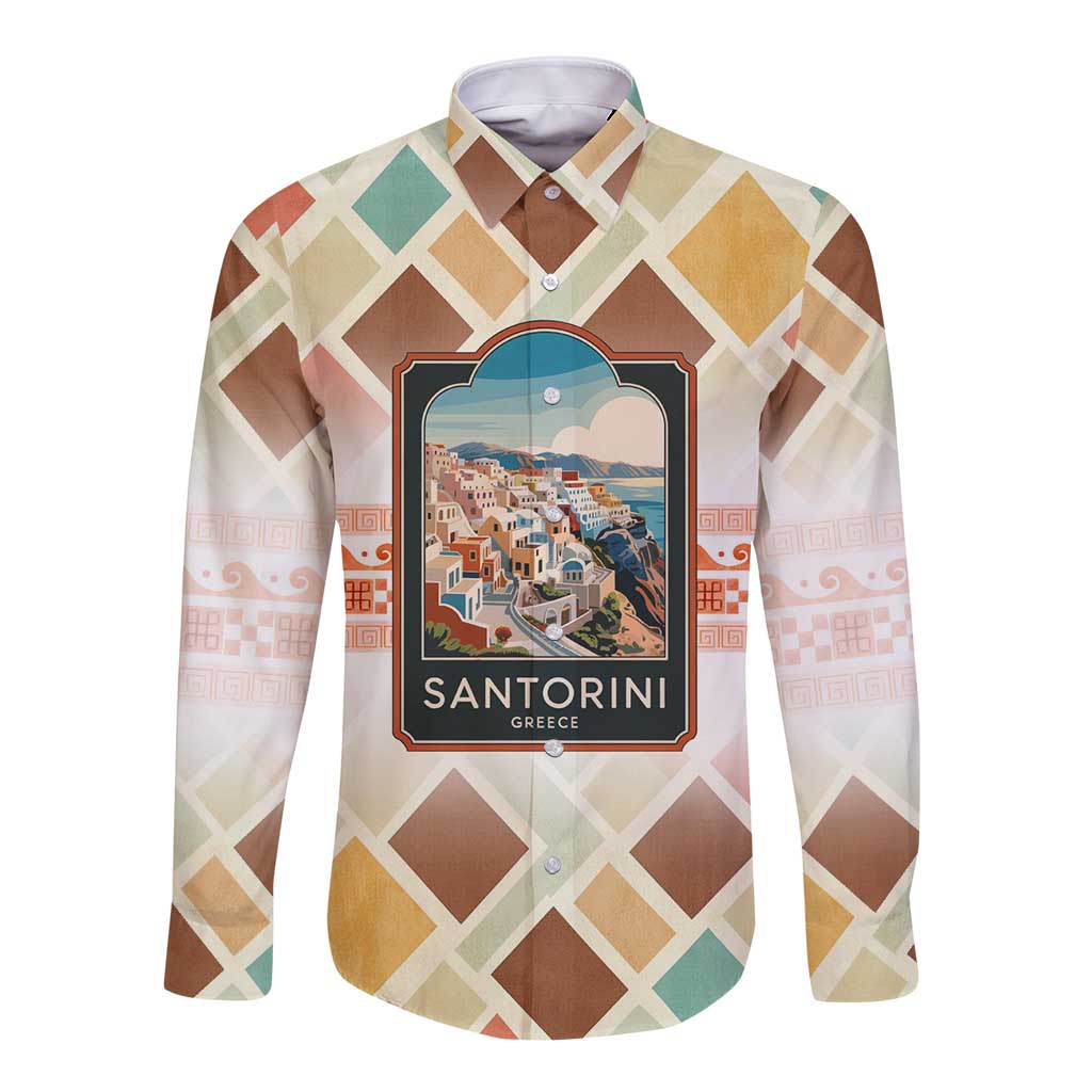 Santorini Greece Long Sleeve Button Shirt Sunset Village Print and Mediterranean Geometric Pattern