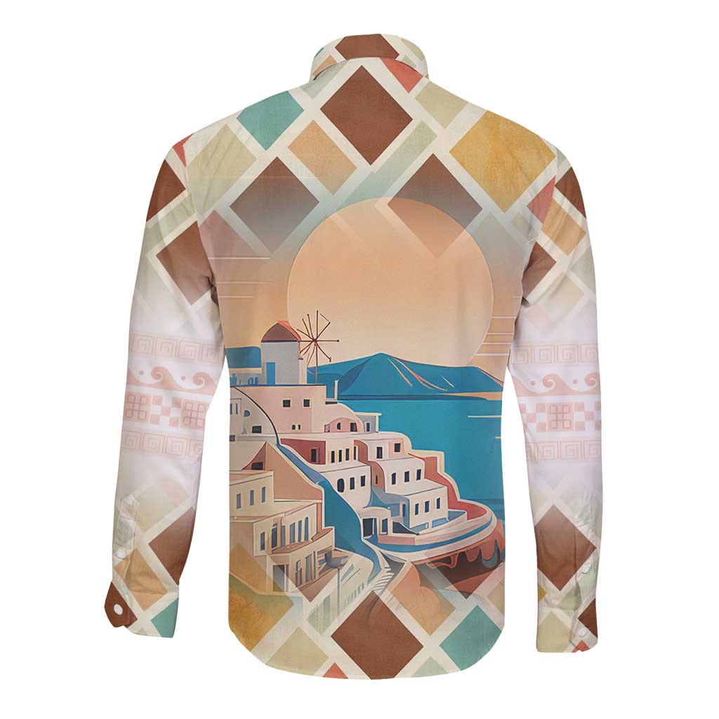 Santorini Greece Long Sleeve Button Shirt Sunset Village Print and Mediterranean Geometric Pattern