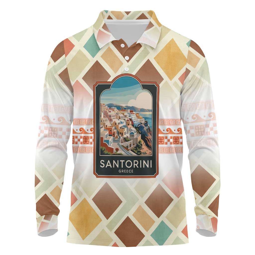 Santorini Greece Long Sleeve Polo Shirt Sunset Village Print and Mediterranean Geometric Pattern