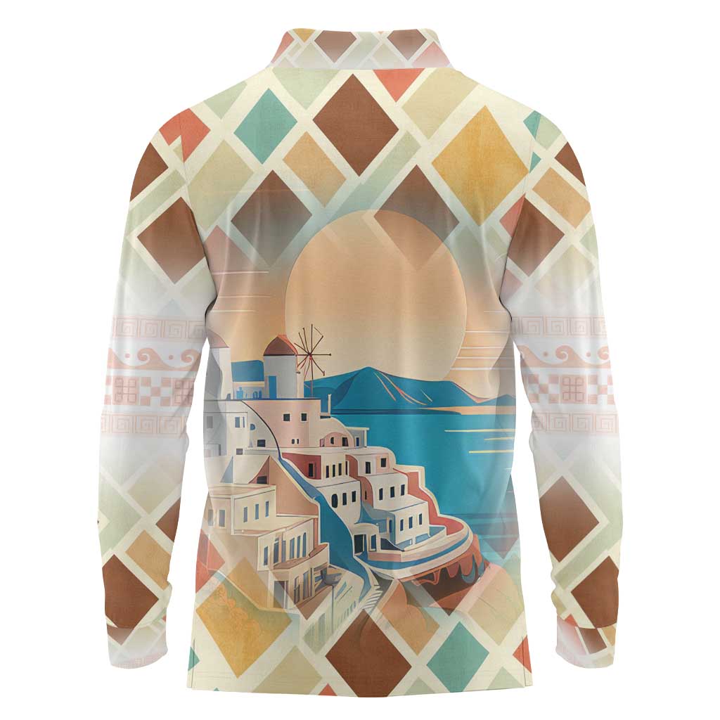 Santorini Greece Long Sleeve Polo Shirt Sunset Village Print and Mediterranean Geometric Pattern