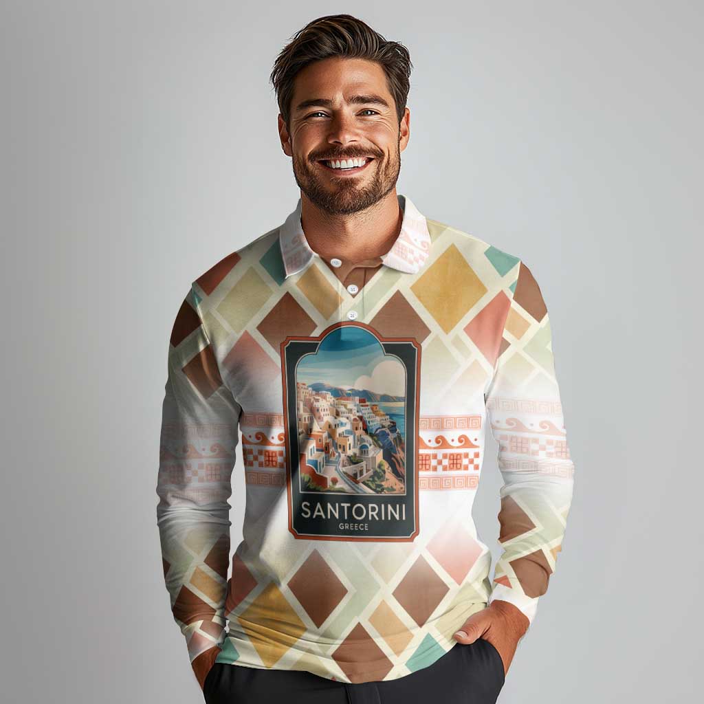 Santorini Greece Long Sleeve Polo Shirt Sunset Village Print and Mediterranean Geometric Pattern