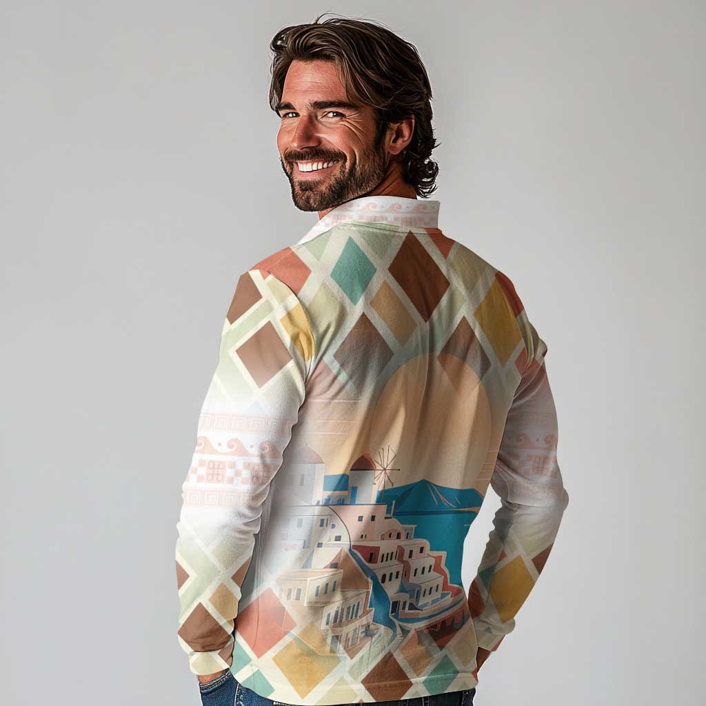 Santorini Greece Long Sleeve Polo Shirt Sunset Village Print and Mediterranean Geometric Pattern