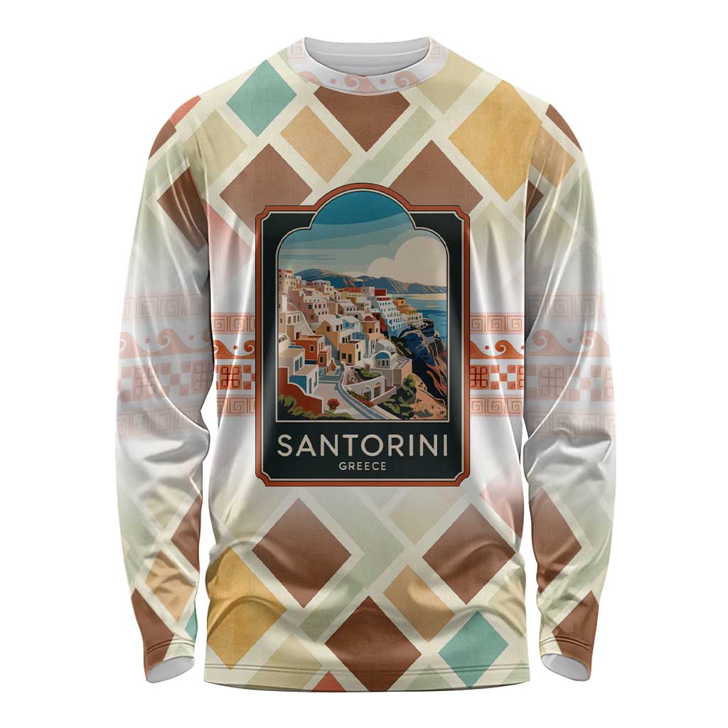 Santorini Greece Long Sleeve Shirt Sunset Village Print and Mediterranean Geometric Pattern