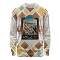 Santorini Greece Long Sleeve Shirt Sunset Village Print and Mediterranean Geometric Pattern