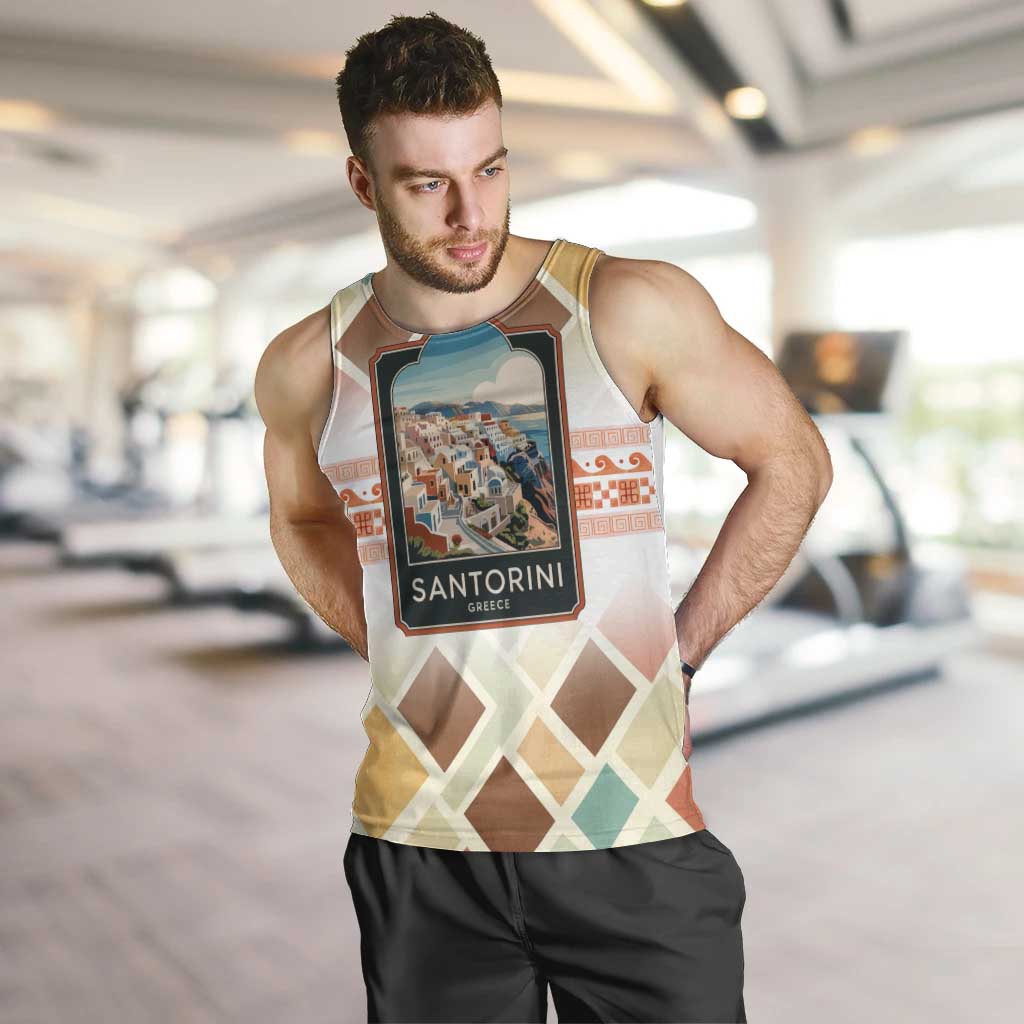 Santorini Greece Men Tank Top Sunset Village Print and Mediterranean Geometric Pattern