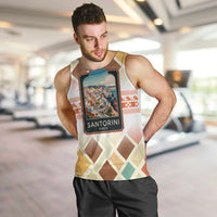 Santorini Greece Men Tank Top Sunset Village Print and Mediterranean Geometric Pattern