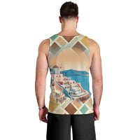Santorini Greece Men Tank Top Sunset Village Print and Mediterranean Geometric Pattern