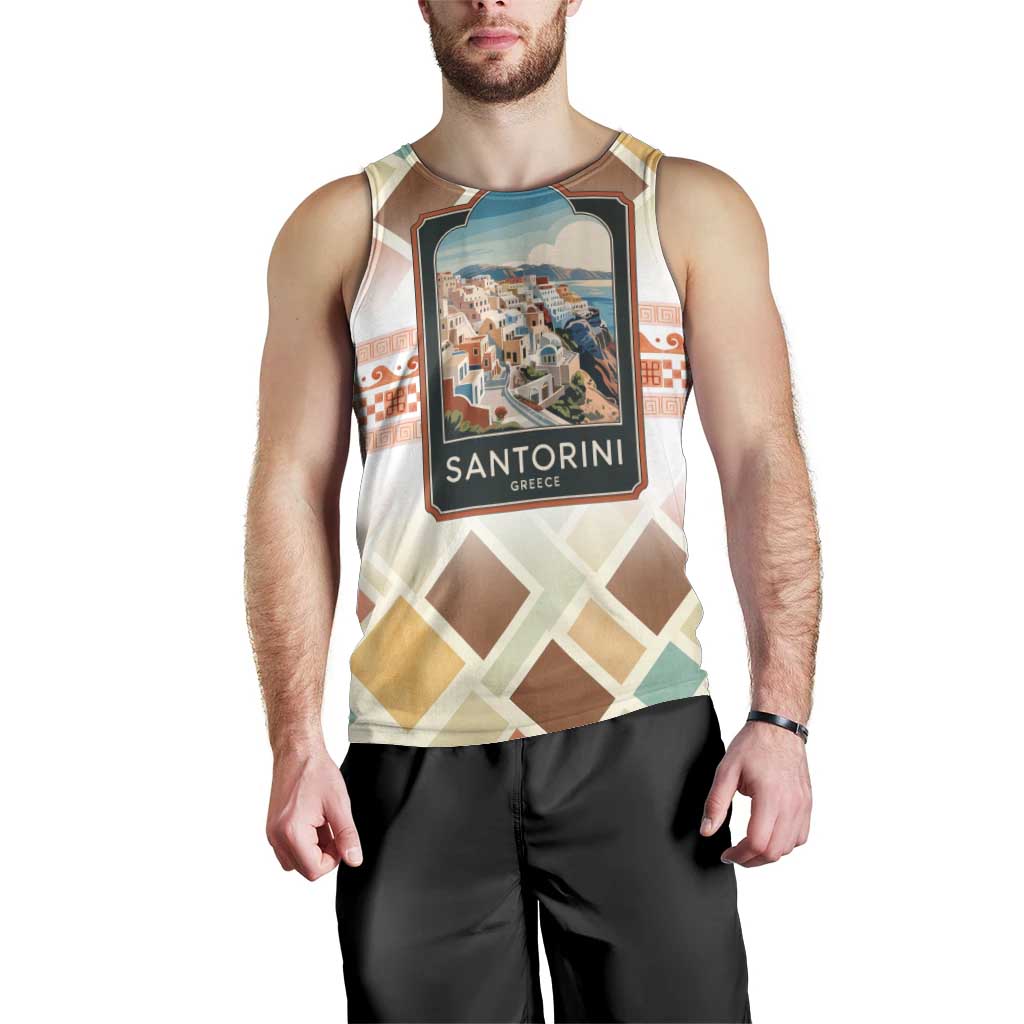 Santorini Greece Men Tank Top Sunset Village Print and Mediterranean Geometric Pattern
