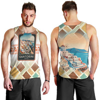 Santorini Greece Men Tank Top Sunset Village Print and Mediterranean Geometric Pattern