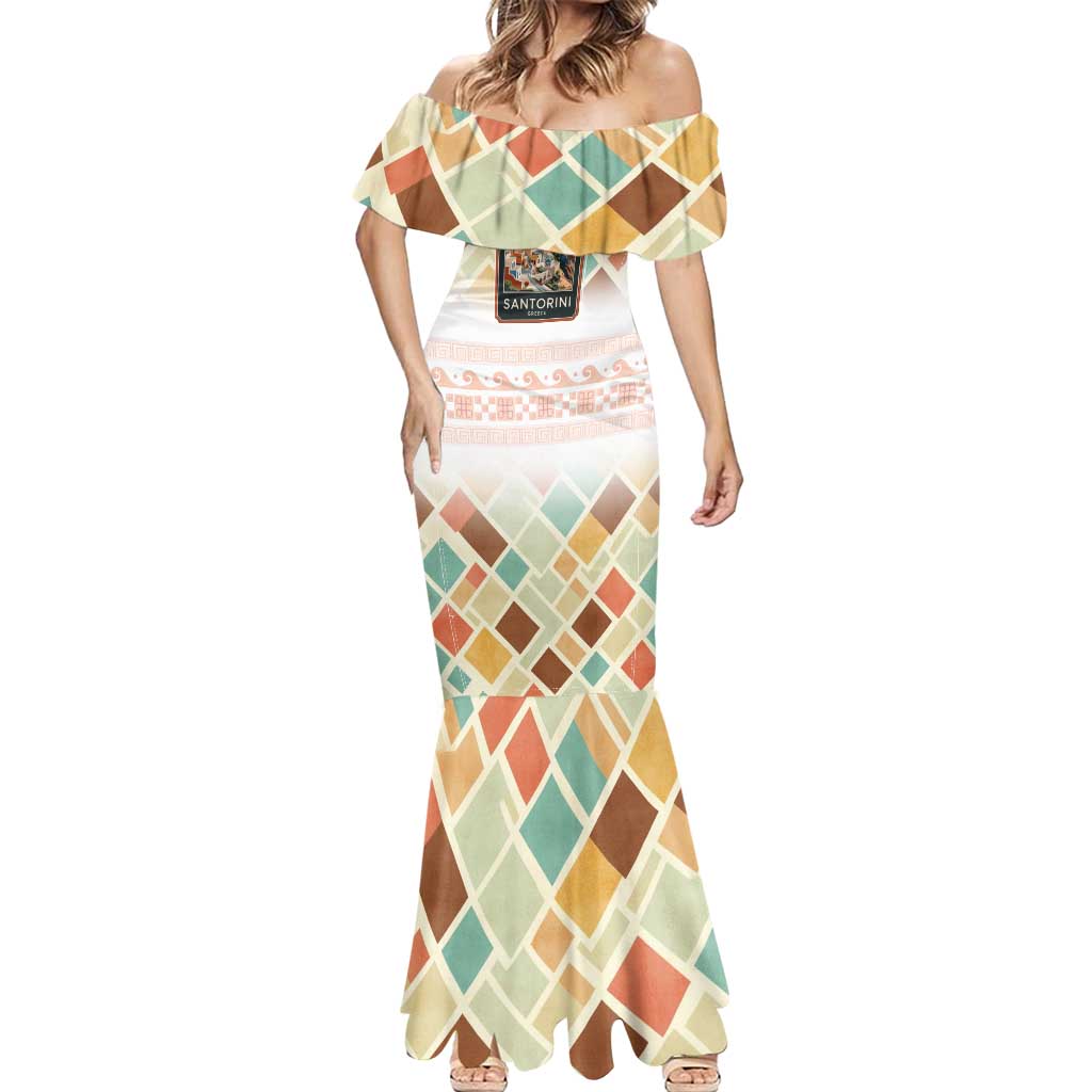 Santorini Greece Mermaid Dress Sunset Village Print and Mediterranean Geometric Pattern