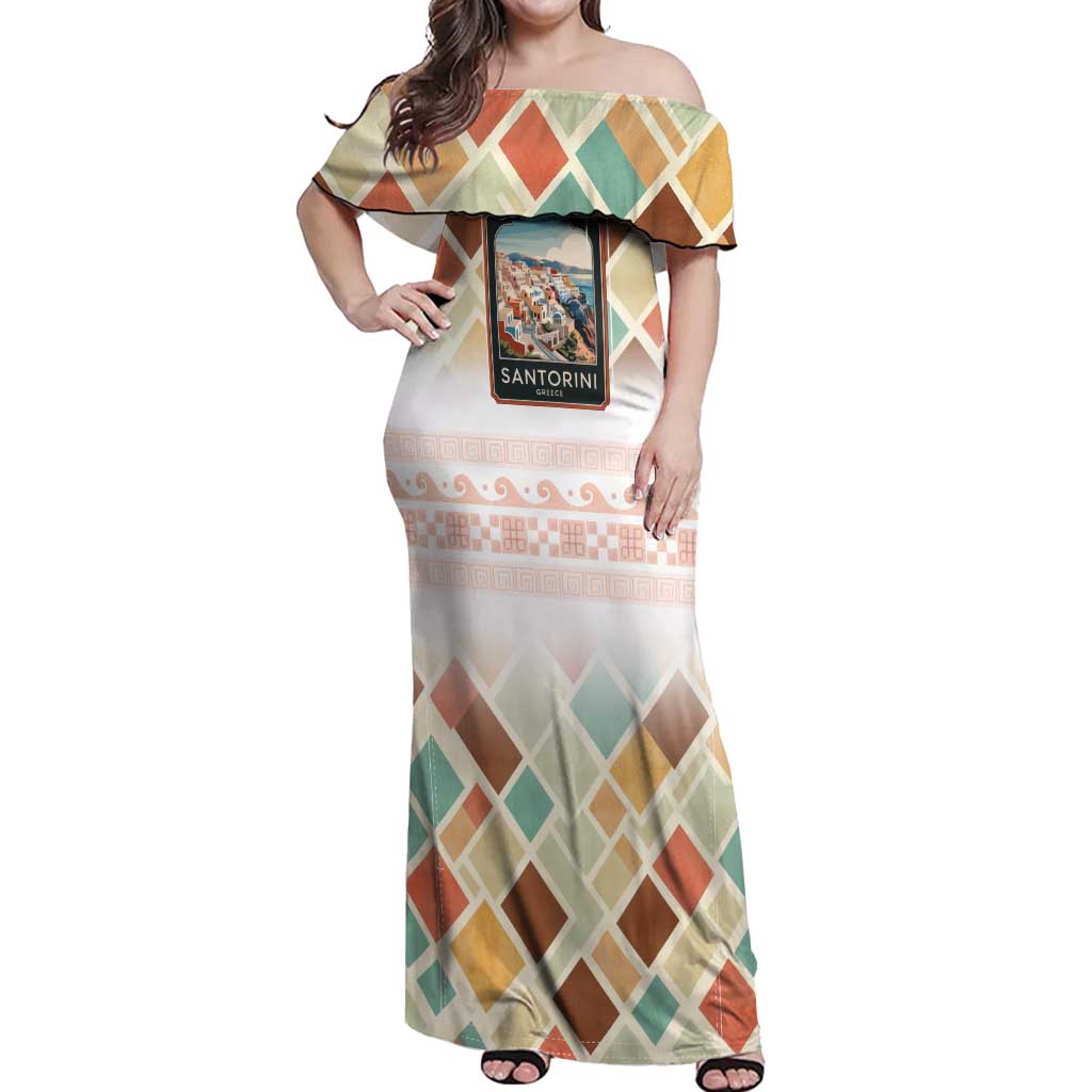 Santorini Greece Off Shoulder Maxi Dress Sunset Village Print and Mediterranean Geometric Pattern