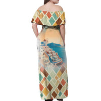 Santorini Greece Off Shoulder Maxi Dress Sunset Village Print and Mediterranean Geometric Pattern