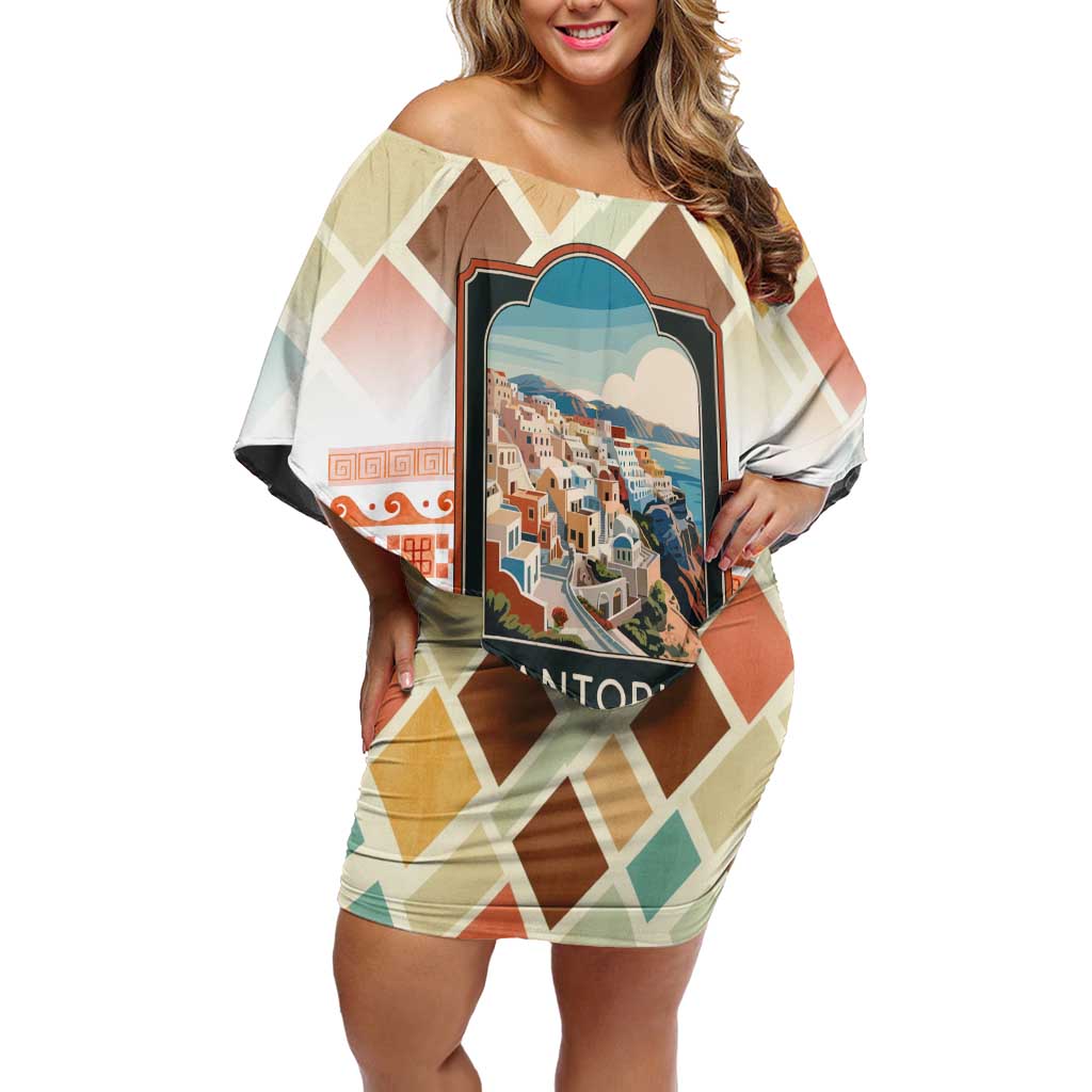 Santorini Greece Off Shoulder Short Dress Sunset Village Print and Mediterranean Geometric Pattern