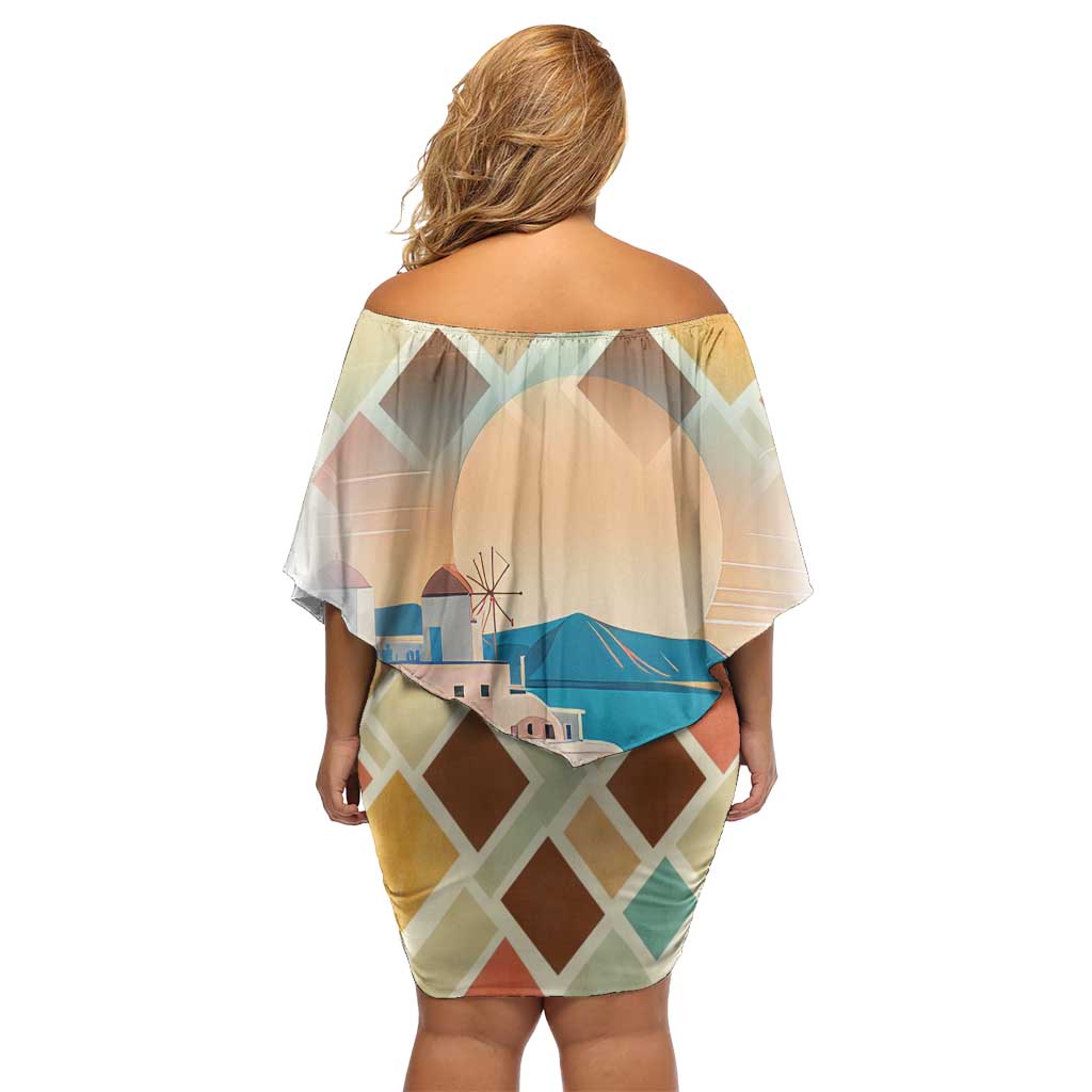 Santorini Greece Off Shoulder Short Dress Sunset Village Print and Mediterranean Geometric Pattern