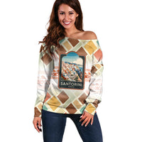 Santorini Greece Off Shoulder Sweater Sunset Village Print and Mediterranean Geometric Pattern