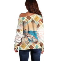 Santorini Greece Off Shoulder Sweater Sunset Village Print and Mediterranean Geometric Pattern