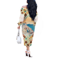 Santorini Greece Off The Shoulder Long Sleeve Dress Sunset Village Print and Mediterranean Geometric Pattern