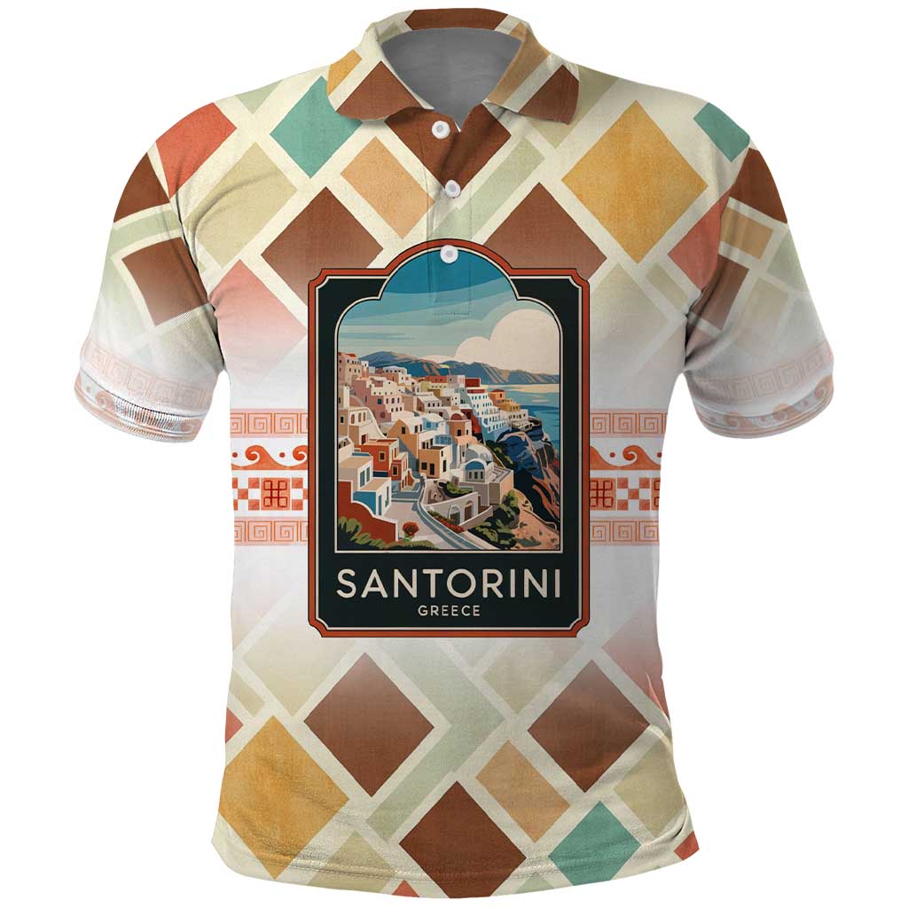 Santorini Greece Polo Shirt Sunset Village Print and Mediterranean Geometric Pattern