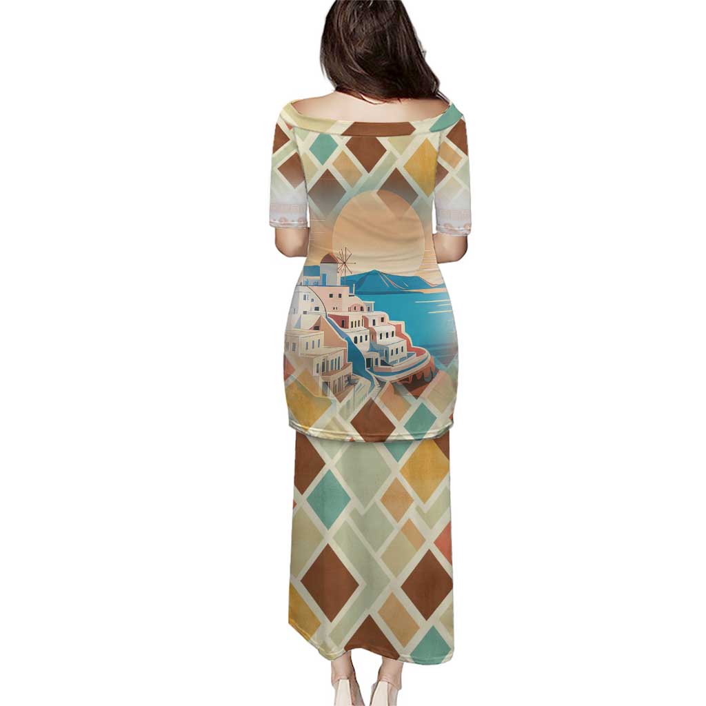 Santorini Greece Puletasi Sunset Village Print and Mediterranean Geometric Pattern