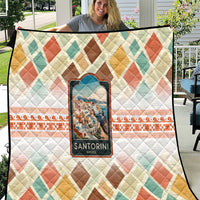 Santorini Greece Quilt Sunset Village Print and Mediterranean Geometric Pattern