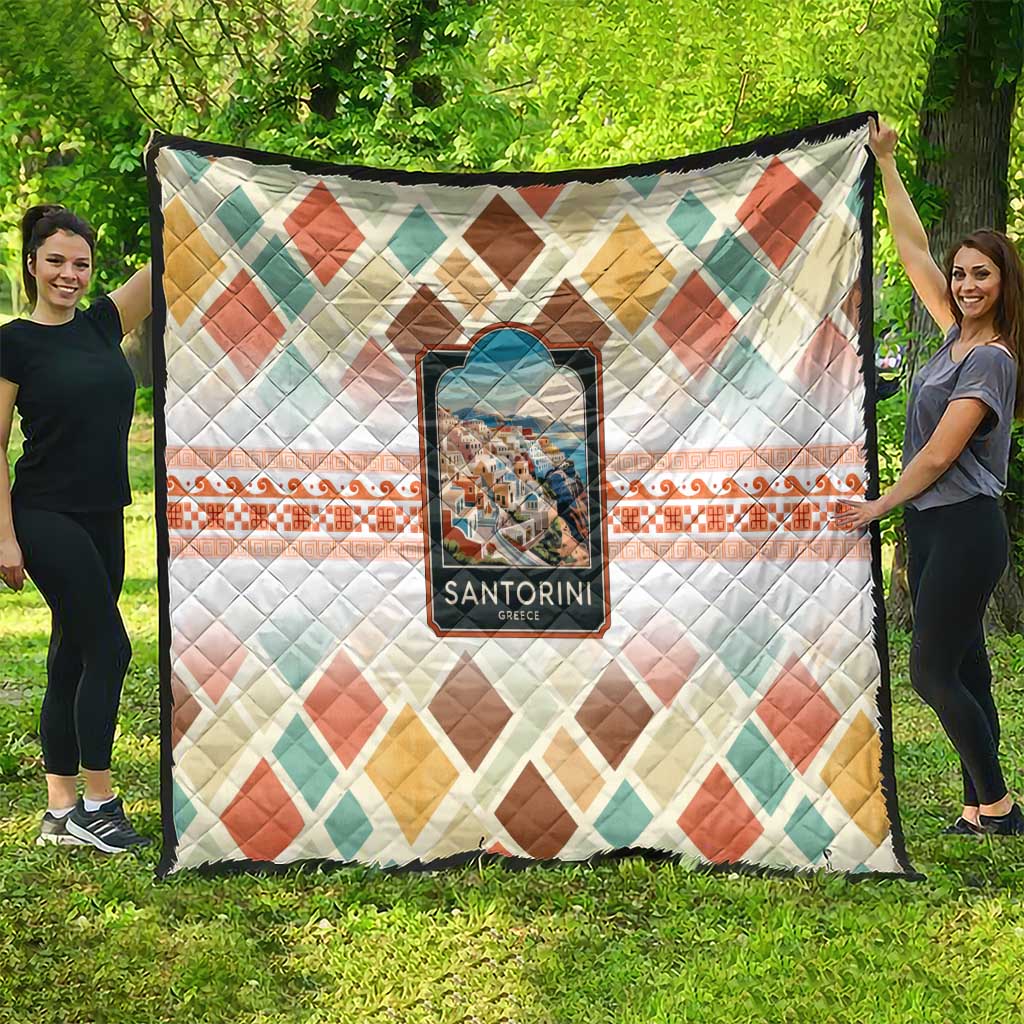 Santorini Greece Quilt Sunset Village Print and Mediterranean Geometric Pattern