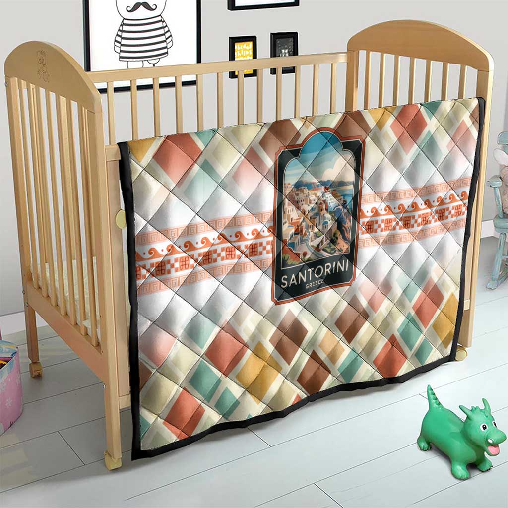 Santorini Greece Quilt Sunset Village Print and Mediterranean Geometric Pattern