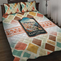 Santorini Greece Quilt Bed Set Sunset Village Print and Mediterranean Geometric Pattern