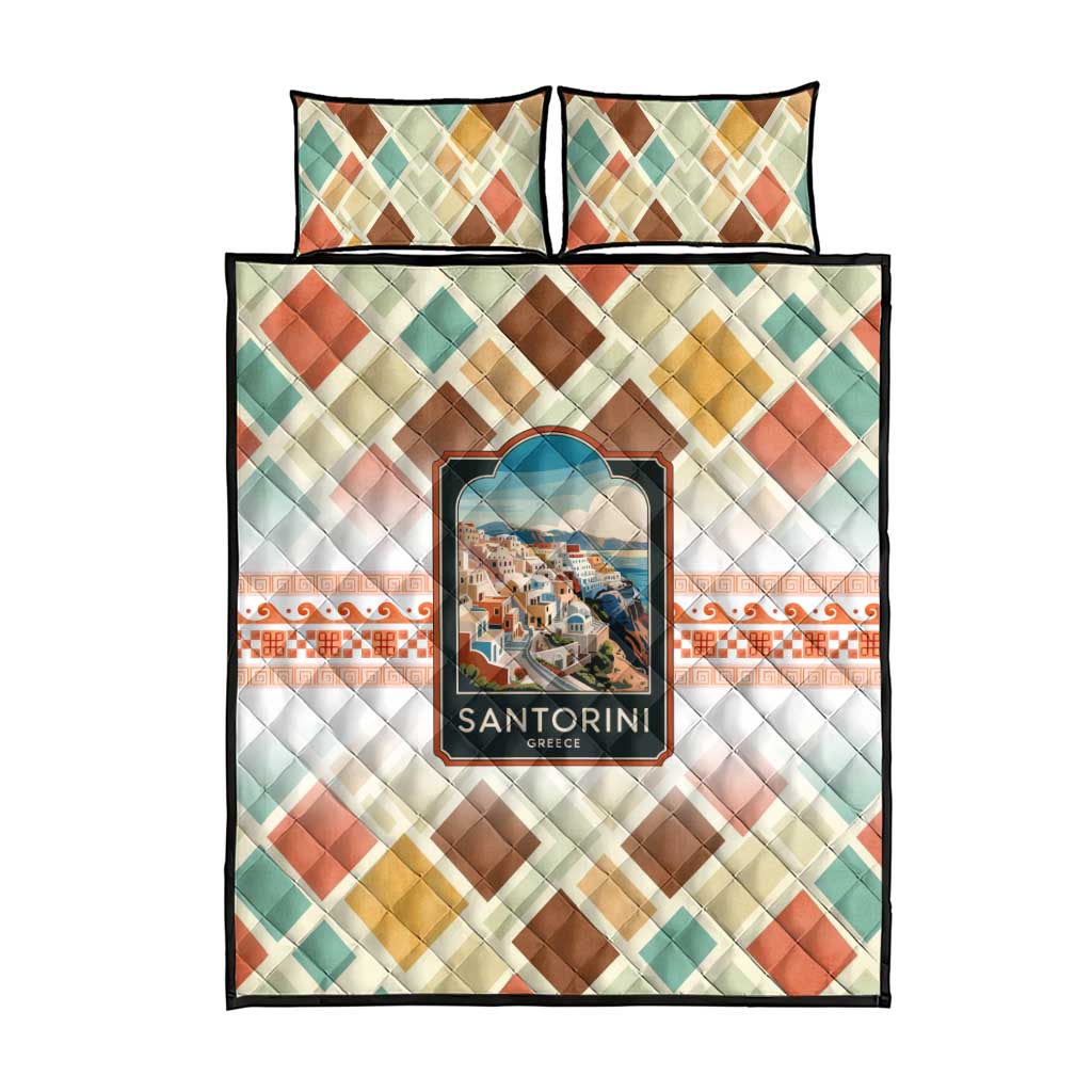 Santorini Greece Quilt Bed Set Sunset Village Print and Mediterranean Geometric Pattern