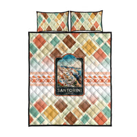 Santorini Greece Quilt Bed Set Sunset Village Print and Mediterranean Geometric Pattern