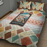 Santorini Greece Quilt Bed Set Sunset Village Print and Mediterranean Geometric Pattern