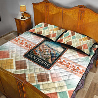 Santorini Greece Quilt Bed Set Sunset Village Print and Mediterranean Geometric Pattern