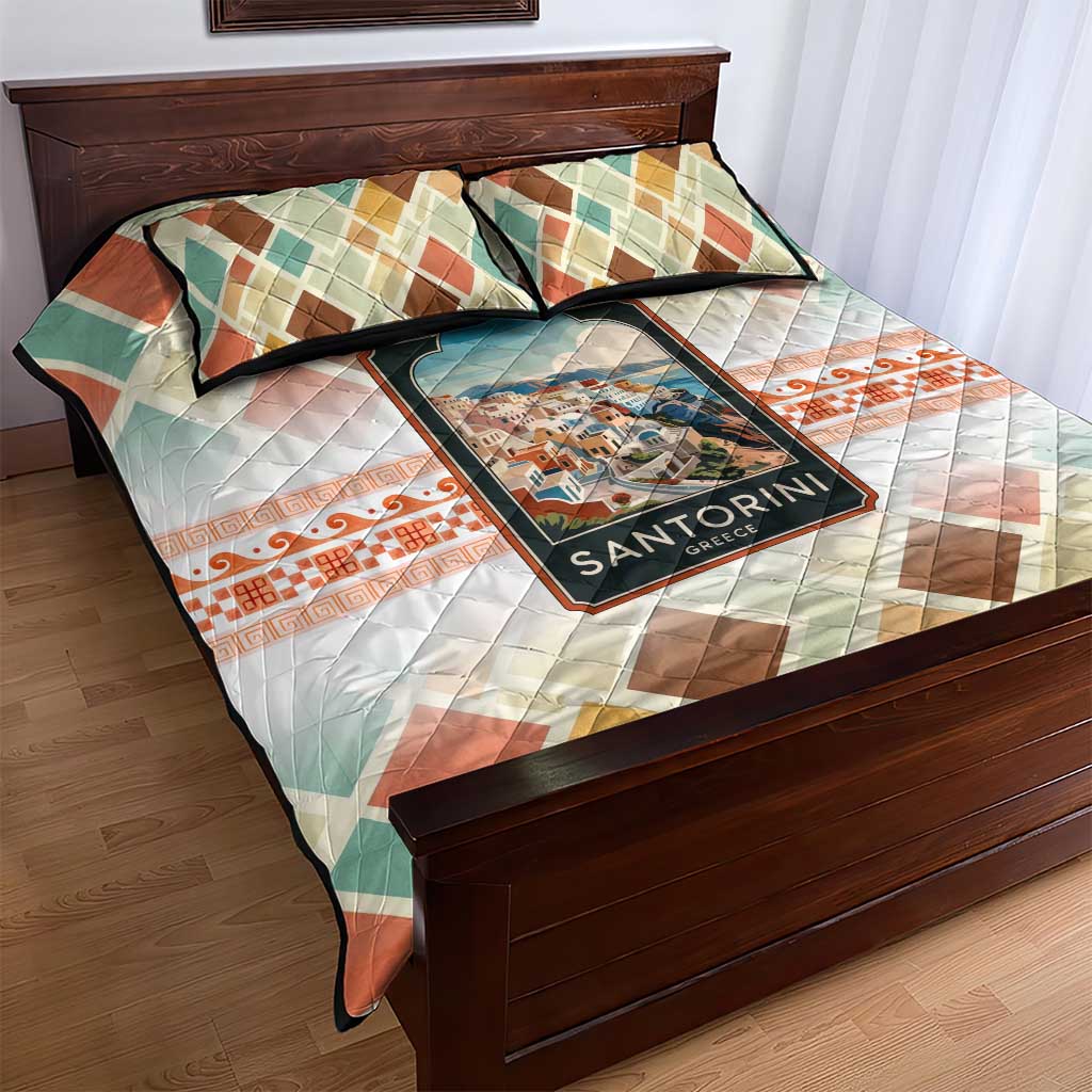 Santorini Greece Quilt Bed Set Sunset Village Print and Mediterranean Geometric Pattern