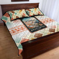 Santorini Greece Quilt Bed Set Sunset Village Print and Mediterranean Geometric Pattern