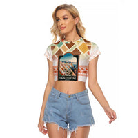 Santorini Greece Raglan Cropped T Shirt Sunset Village Print and Mediterranean Geometric Pattern
