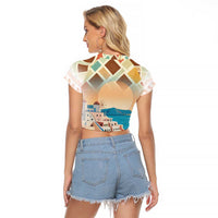 Santorini Greece Raglan Cropped T Shirt Sunset Village Print and Mediterranean Geometric Pattern