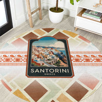 Santorini Greece Round Carpet Sunset Village Print and Mediterranean Geometric Pattern