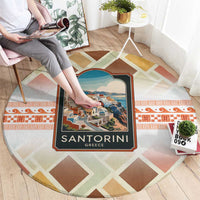 Santorini Greece Round Carpet Sunset Village Print and Mediterranean Geometric Pattern