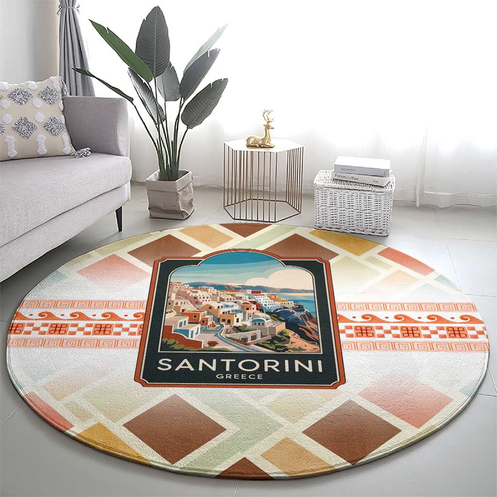 Santorini Greece Round Carpet Sunset Village Print and Mediterranean Geometric Pattern
